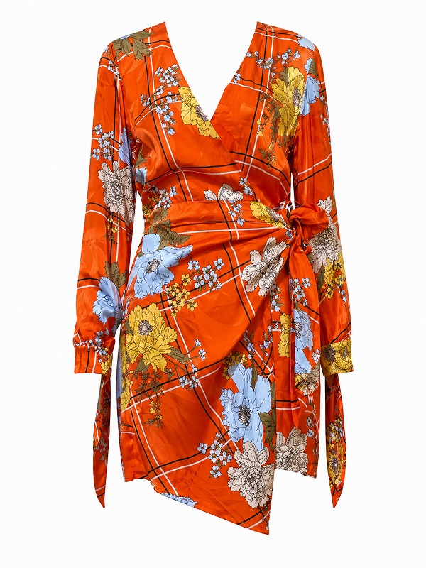 【新品DRESS 1013】花柄タイトラップミニドレス オレンジ【LIQUORISH】